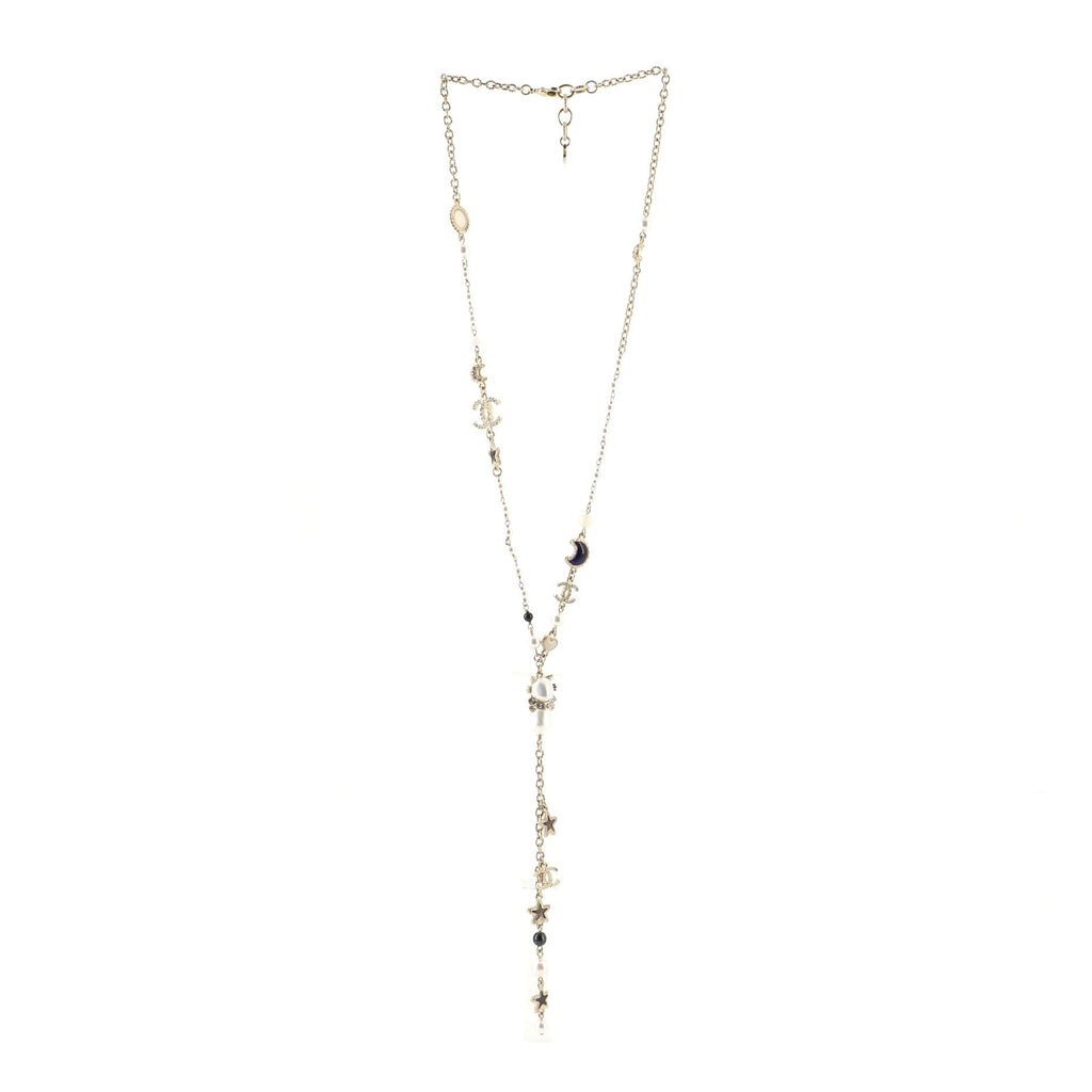 CC Moon Star Drop Necklace Crystal Embellished Metal and Faux Pearls