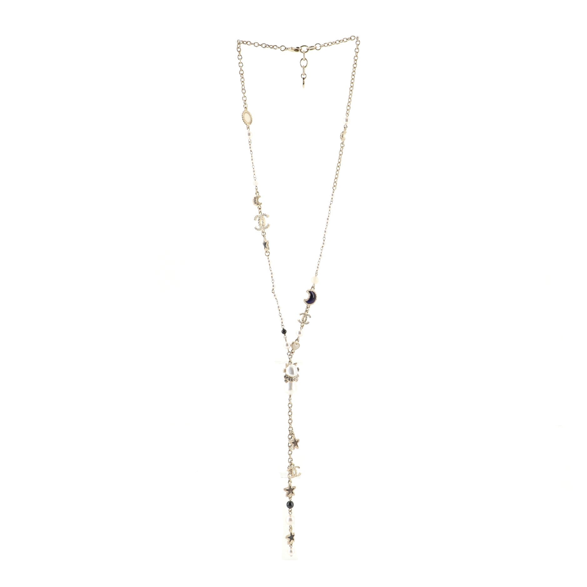 CC Moon Star Drop Necklace Crystal Embellished Metal and Faux Pearls