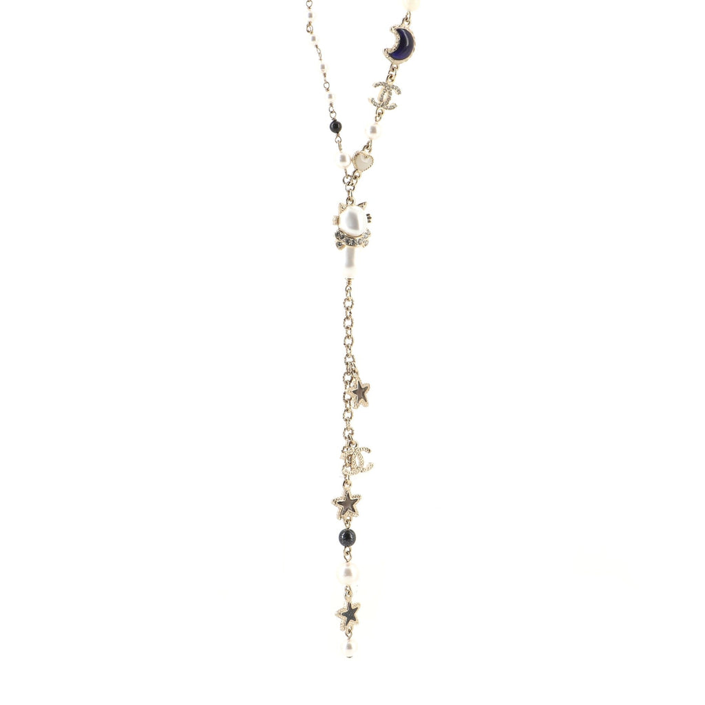 CC Moon Star Drop Necklace Crystal Embellished Metal and Faux Pearls