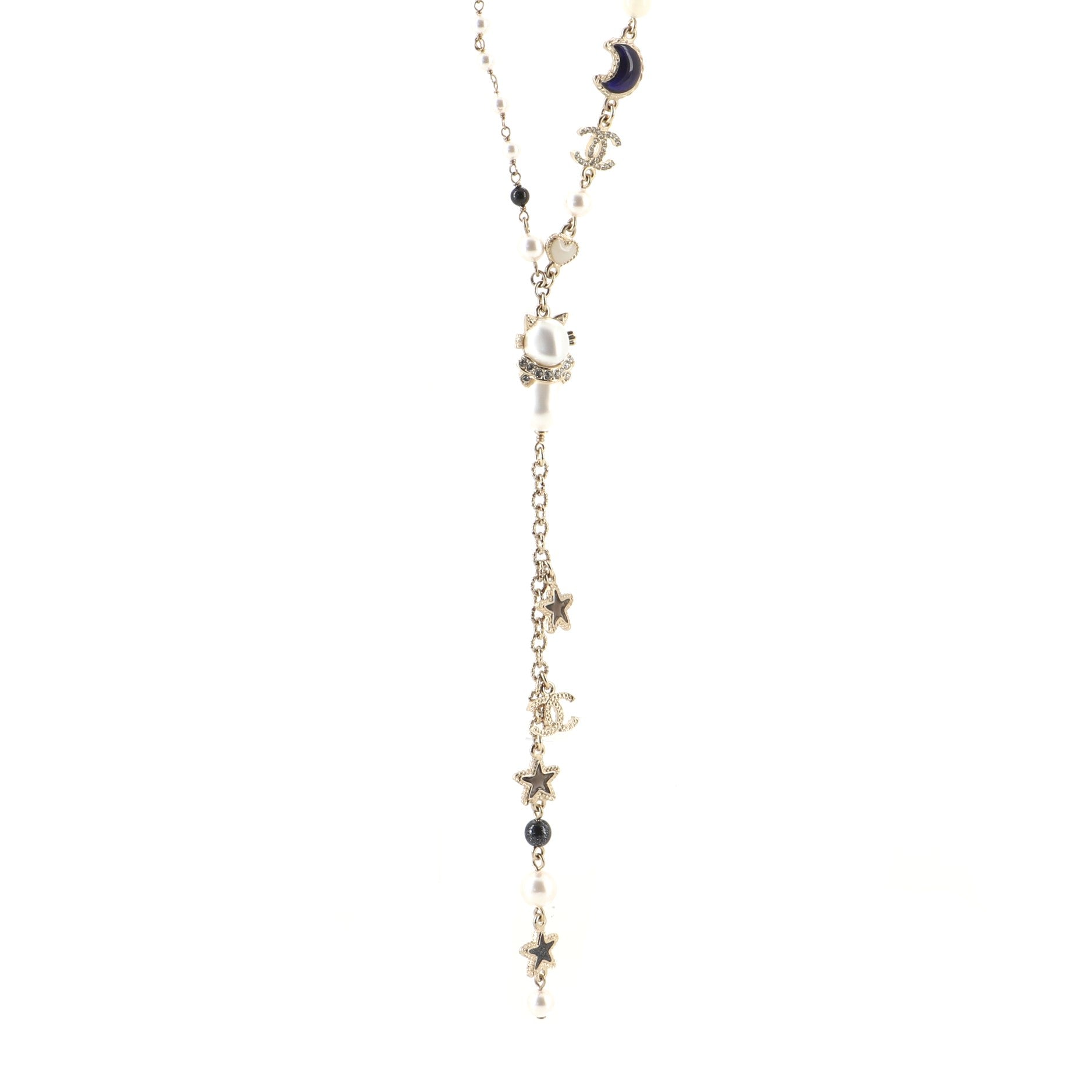 CC Moon Star Drop Necklace Crystal Embellished Metal and Faux Pearls