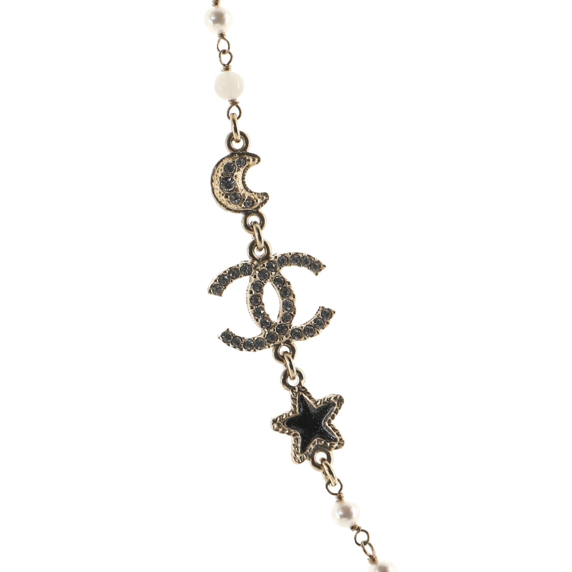 CC Moon Star Drop Necklace Crystal Embellished Metal and Faux Pearls