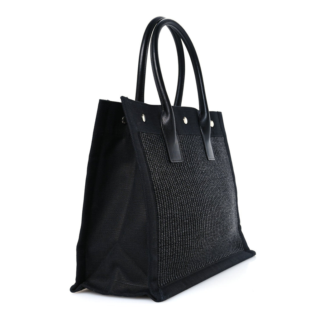 Raffia Linen Calfskin Small Rive Gauche Tote Black