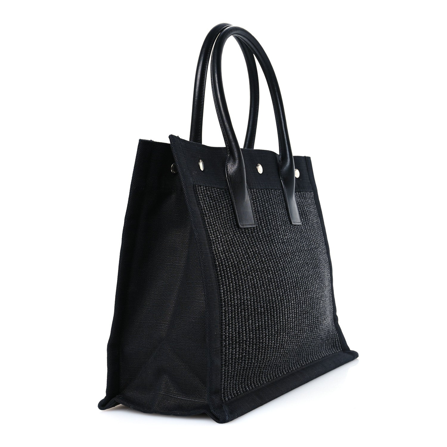 Raffia Linen Calfskin Small Rive Gauche Tote Black