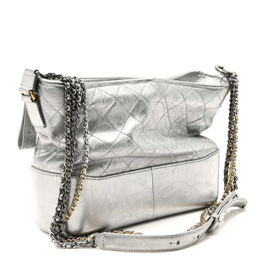 Metallic Lambskin Calfskin Quilted Medium Gabrielle Hobo  Silver