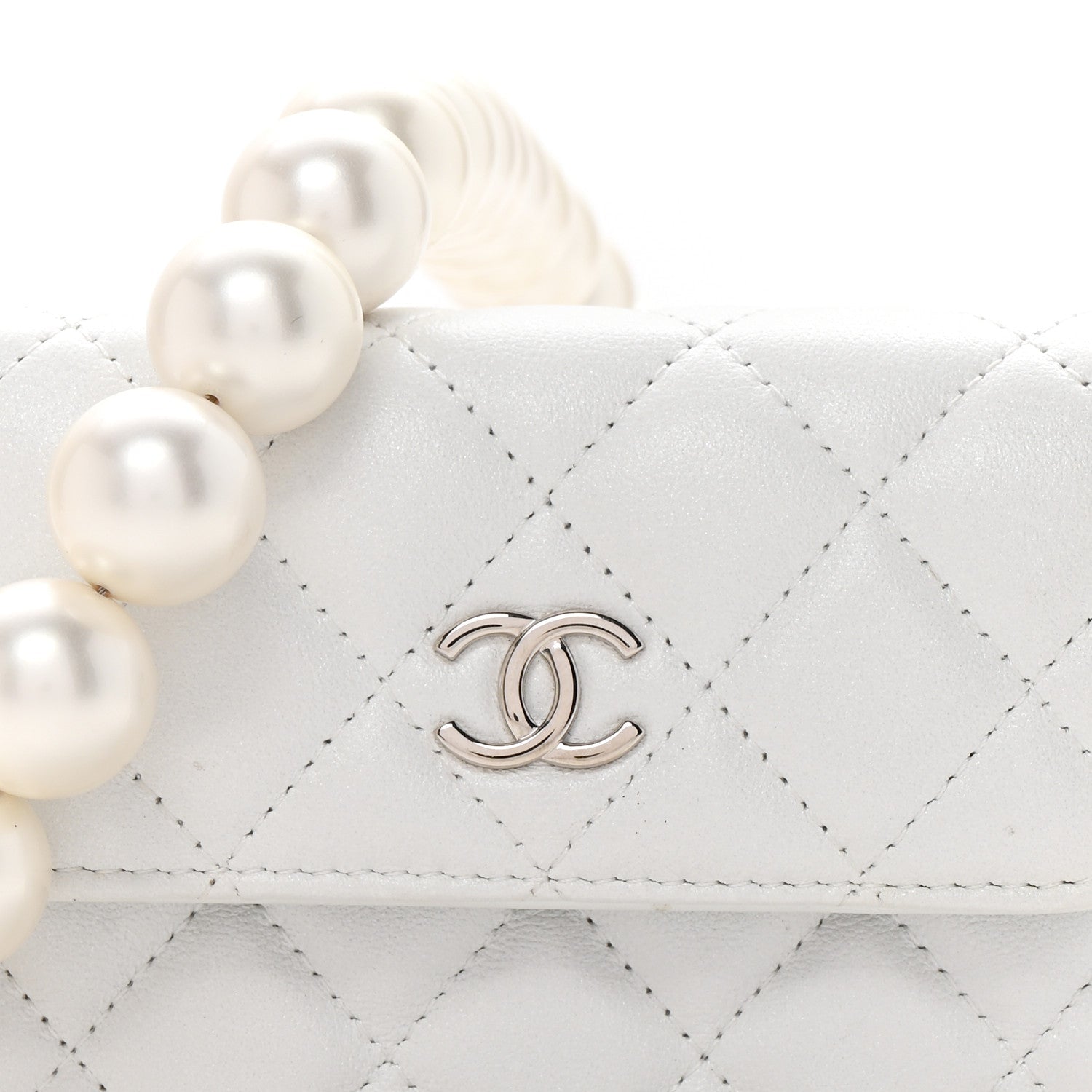 Iridescent Calfskin Quilted Mini Maxi Pearls Wallet On Chain WOC White