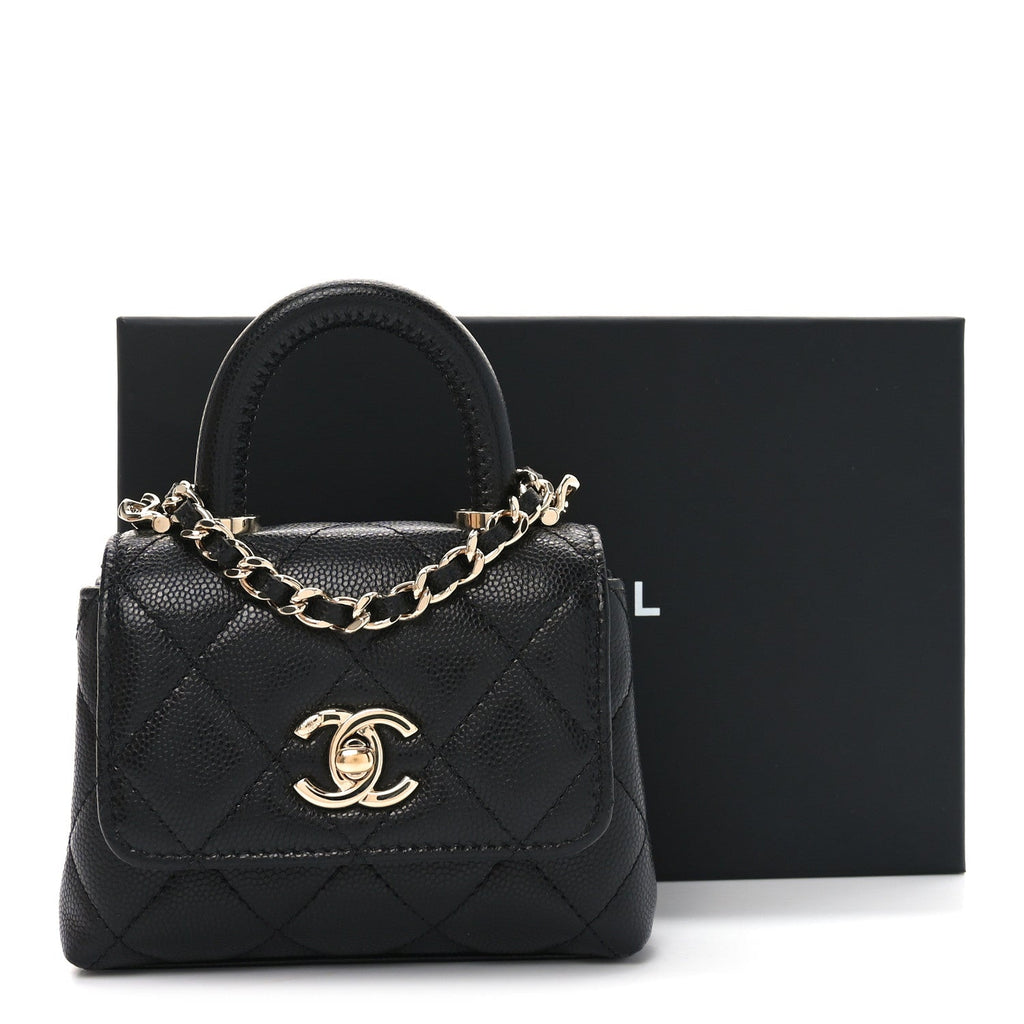 Caviar Quilted Nano Coco Handle Clutch With Chain Black