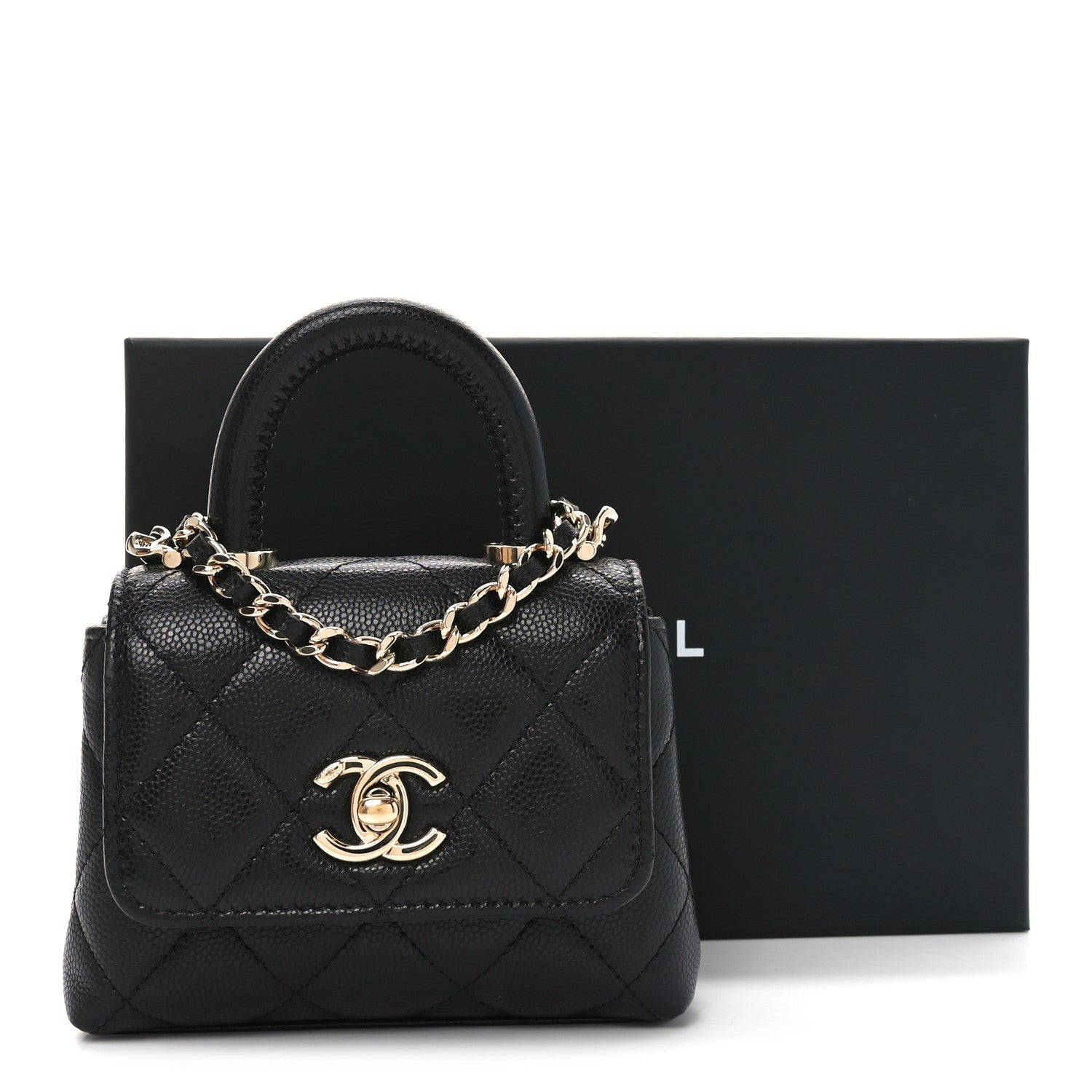 Caviar Quilted Nano Coco Handle Clutch With Chain Black