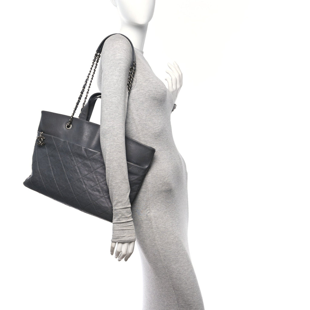 Caviar Quilted Shopping Tote Grey