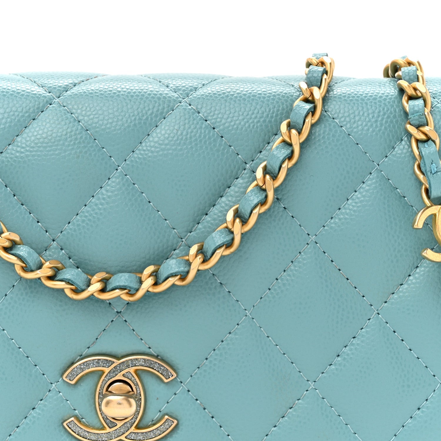 Caviar Quilted Glitter CC Roller Skate Wallet on Chain WOC Light Blue