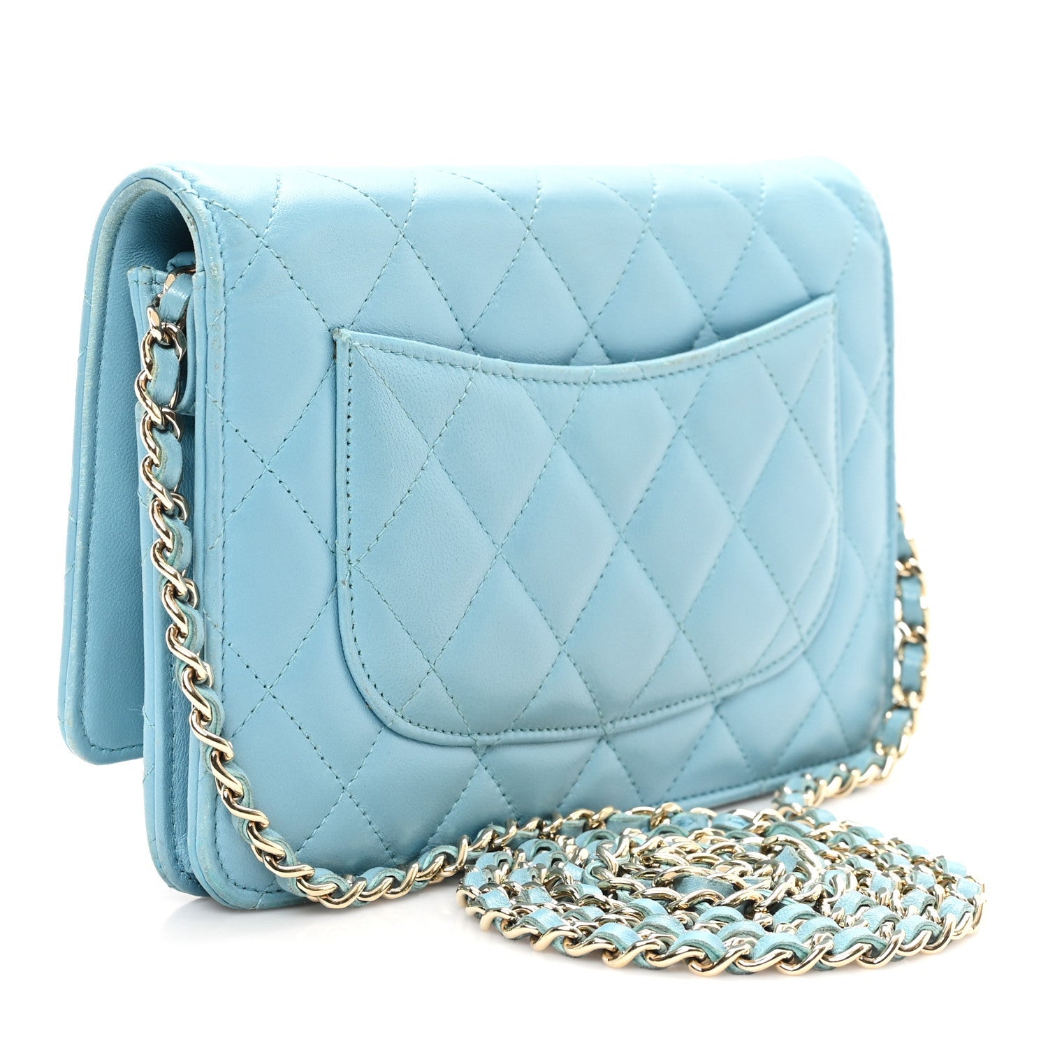 Lambskin Quilted Mini Wallet On Chain WOC Light Blue