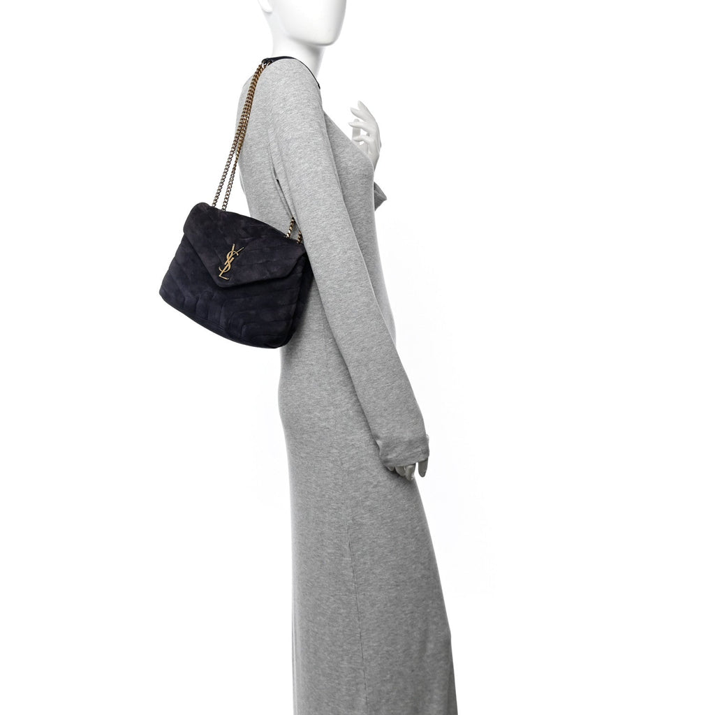 Suede Calfskin Y Quilted Monogram Small Loulou Chain Satchel Deep Marine