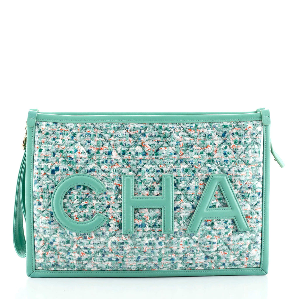 Logo Wristlet Clutch PVC Over Quilted Tweed Large