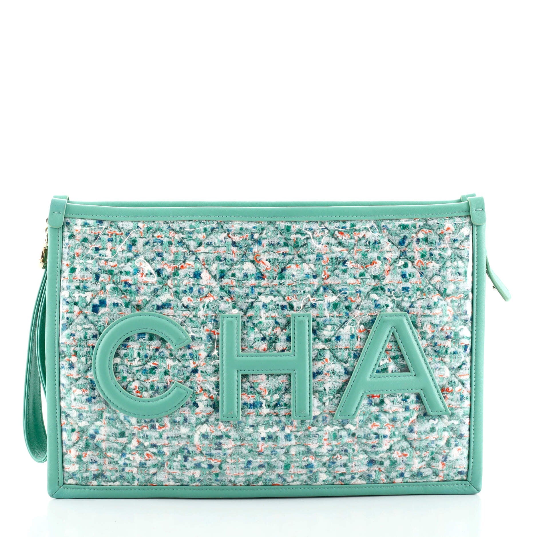 Logo Wristlet Clutch PVC Over Quilted Tweed Large