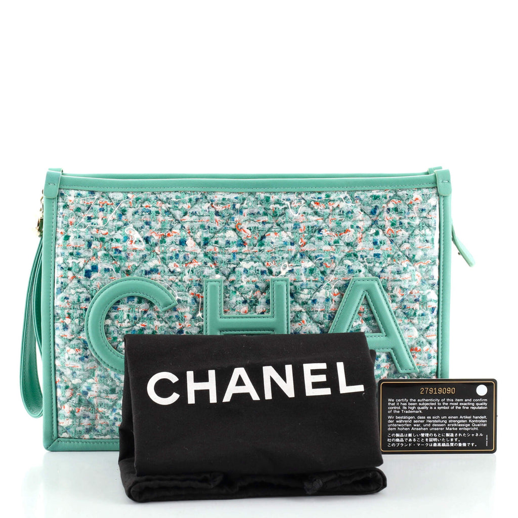 Logo Wristlet Clutch PVC Over Quilted Tweed Large