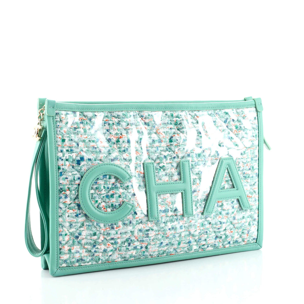 Logo Wristlet Clutch PVC Over Quilted Tweed Large