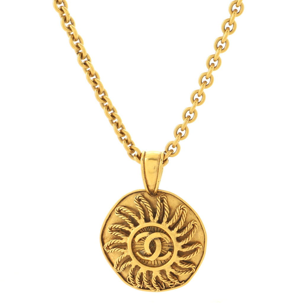 Vintage CC Sun Round Pendant Long Necklace Metal