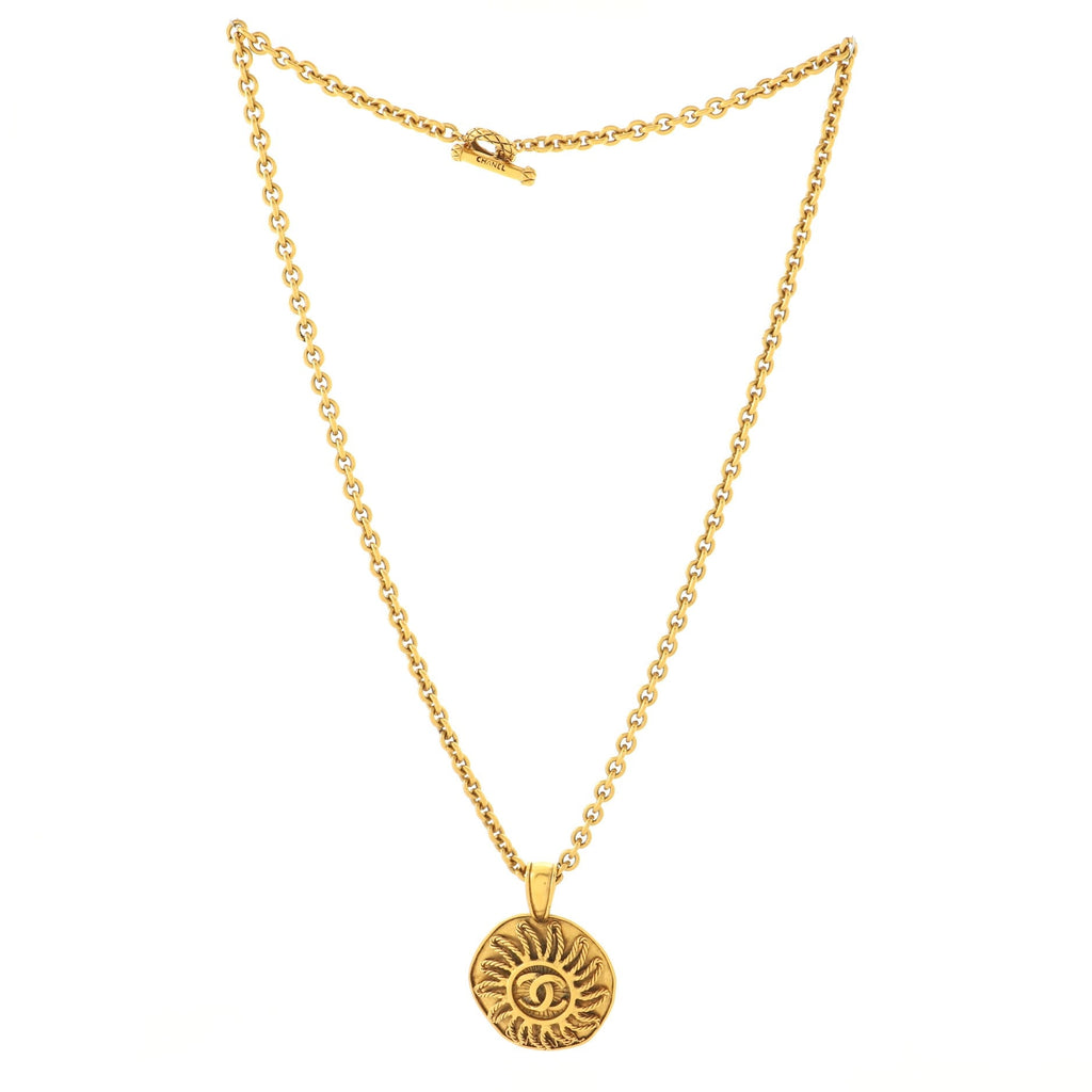 Vintage CC Sun Round Pendant Long Necklace Metal