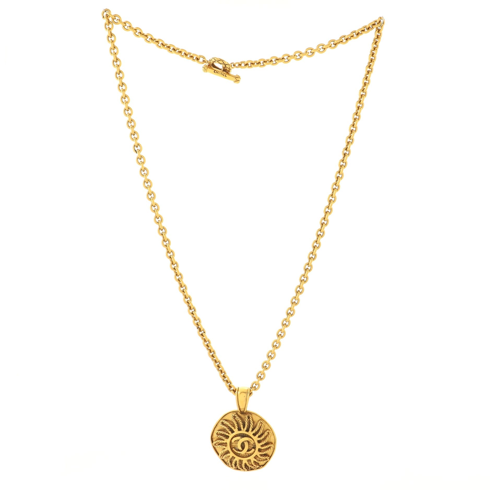 Vintage CC Sun Round Pendant Long Necklace Metal