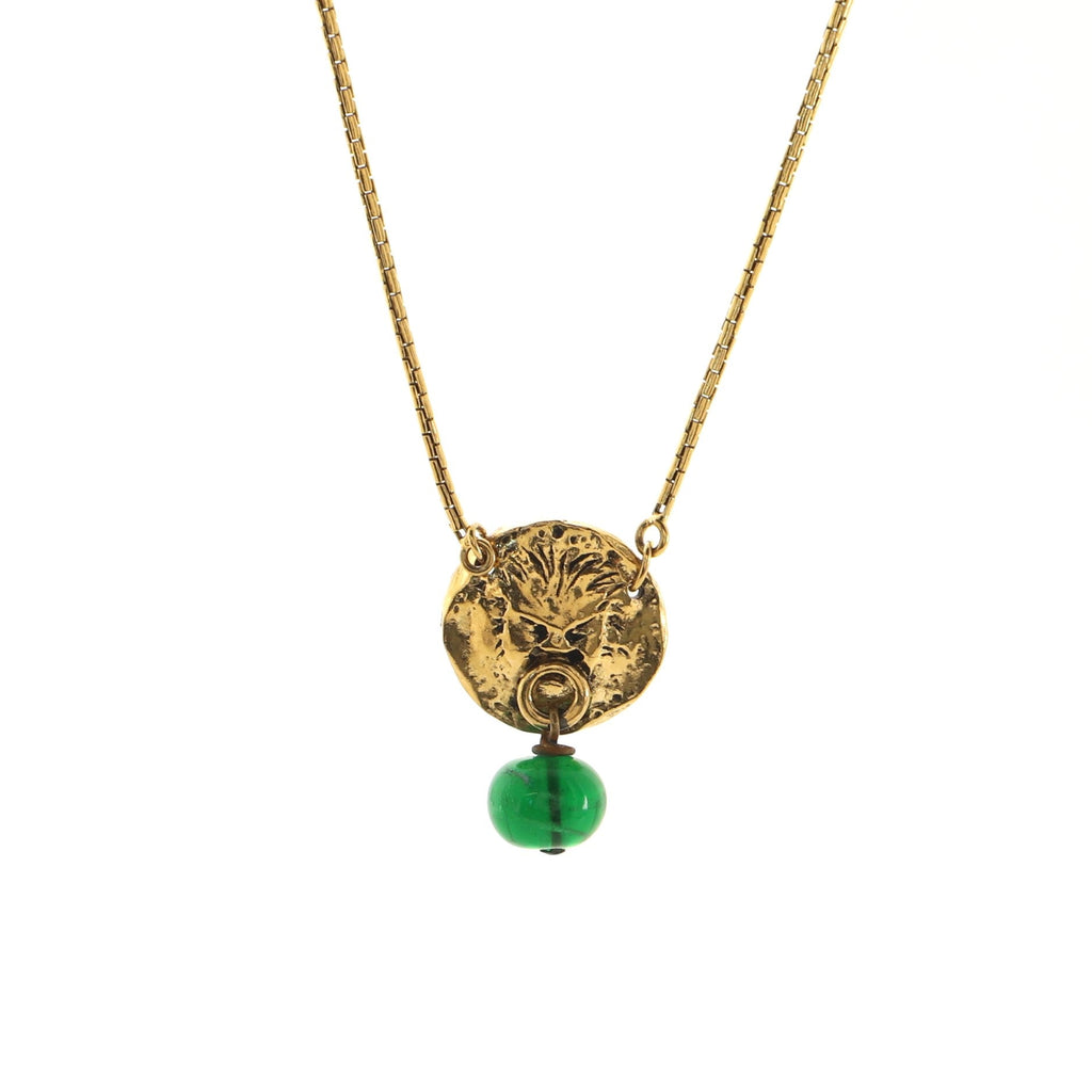 Vintage Lion Head Pendant Necklace Metal with Gripoix