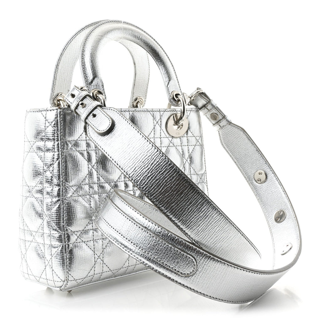 Metallic Grained Calfskin Cannage Small Lucky Badges My Lady Dior Silver