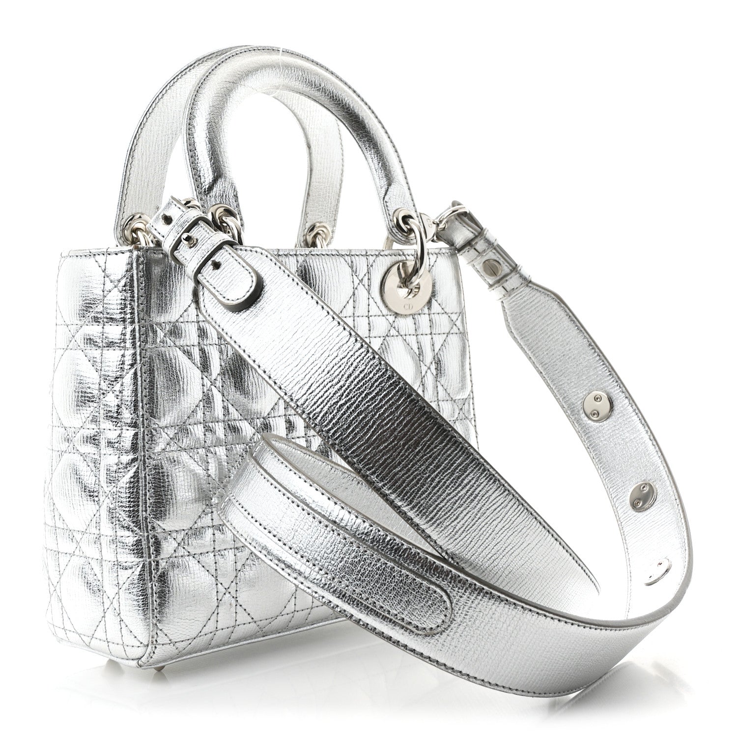 Metallic Grained Calfskin Cannage Small Lucky Badges My Lady Dior Silver