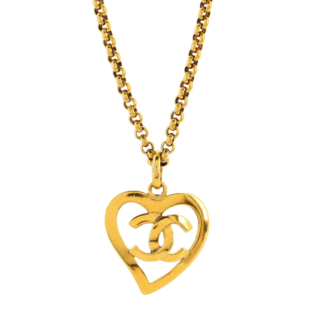 Vintage CC Heart Pendant Long Necklace Metal