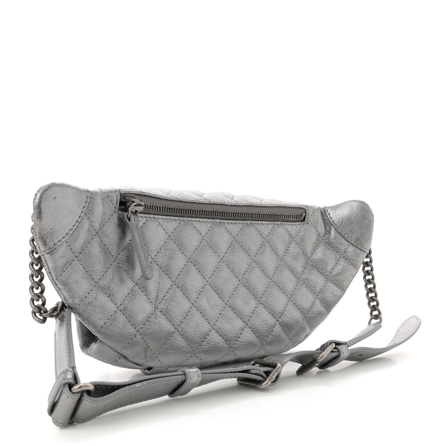 Metallic Calfskin Quilted Banane Waist Bag Fanny Pack Dark Silver
