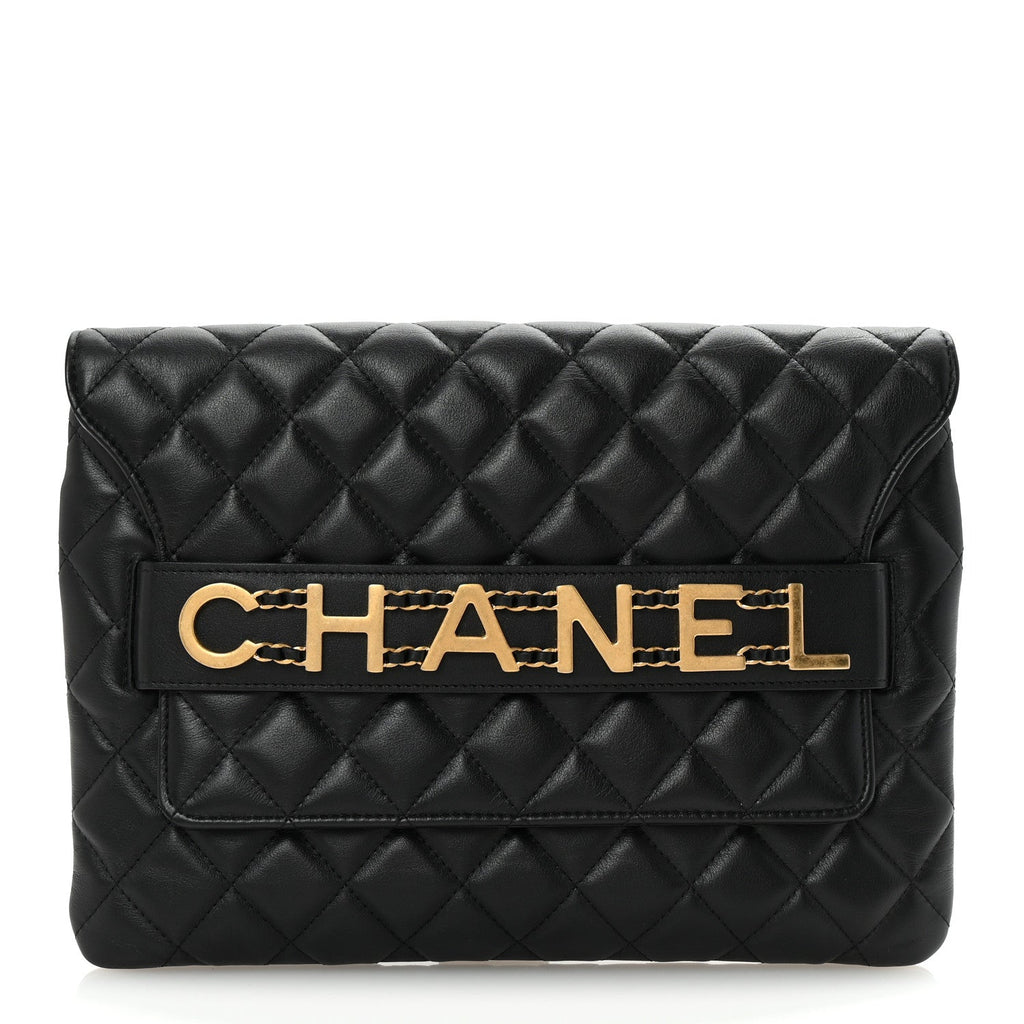 Calfskin Quilted Front Logo Enchained Black