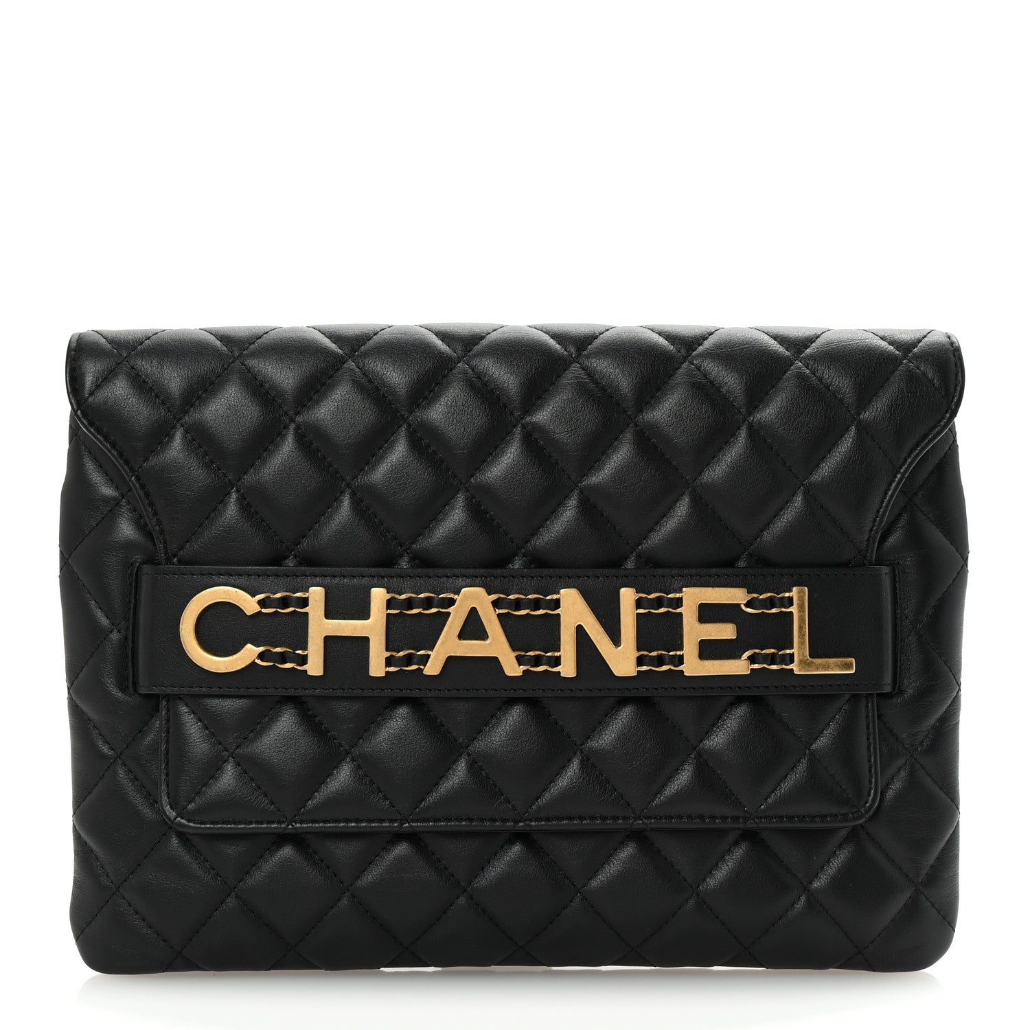 Calfskin Quilted Front Logo Enchained Black