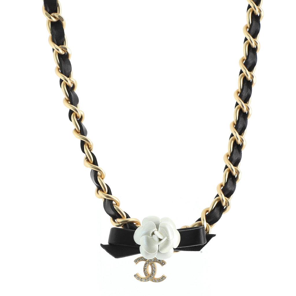 Camellia Bow Chain Choker Necklace Metal and Leather with Crystals