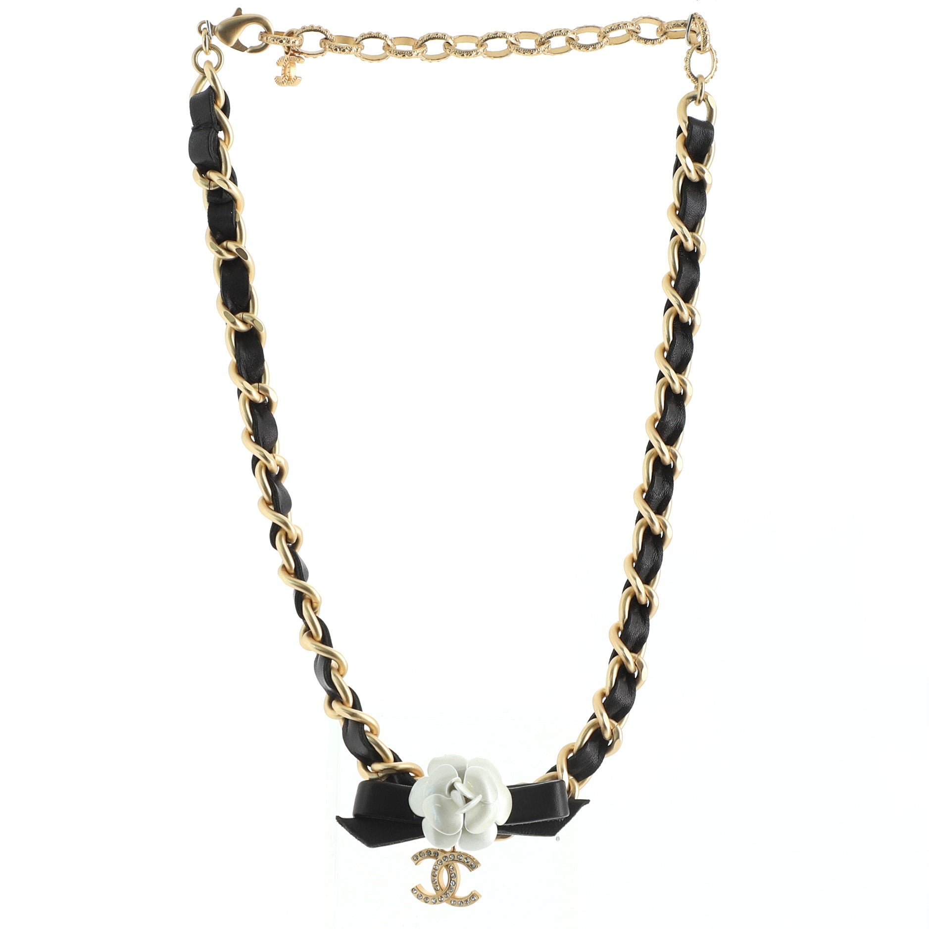 Camellia Bow Chain Choker Necklace Metal and Leather with Crystals
