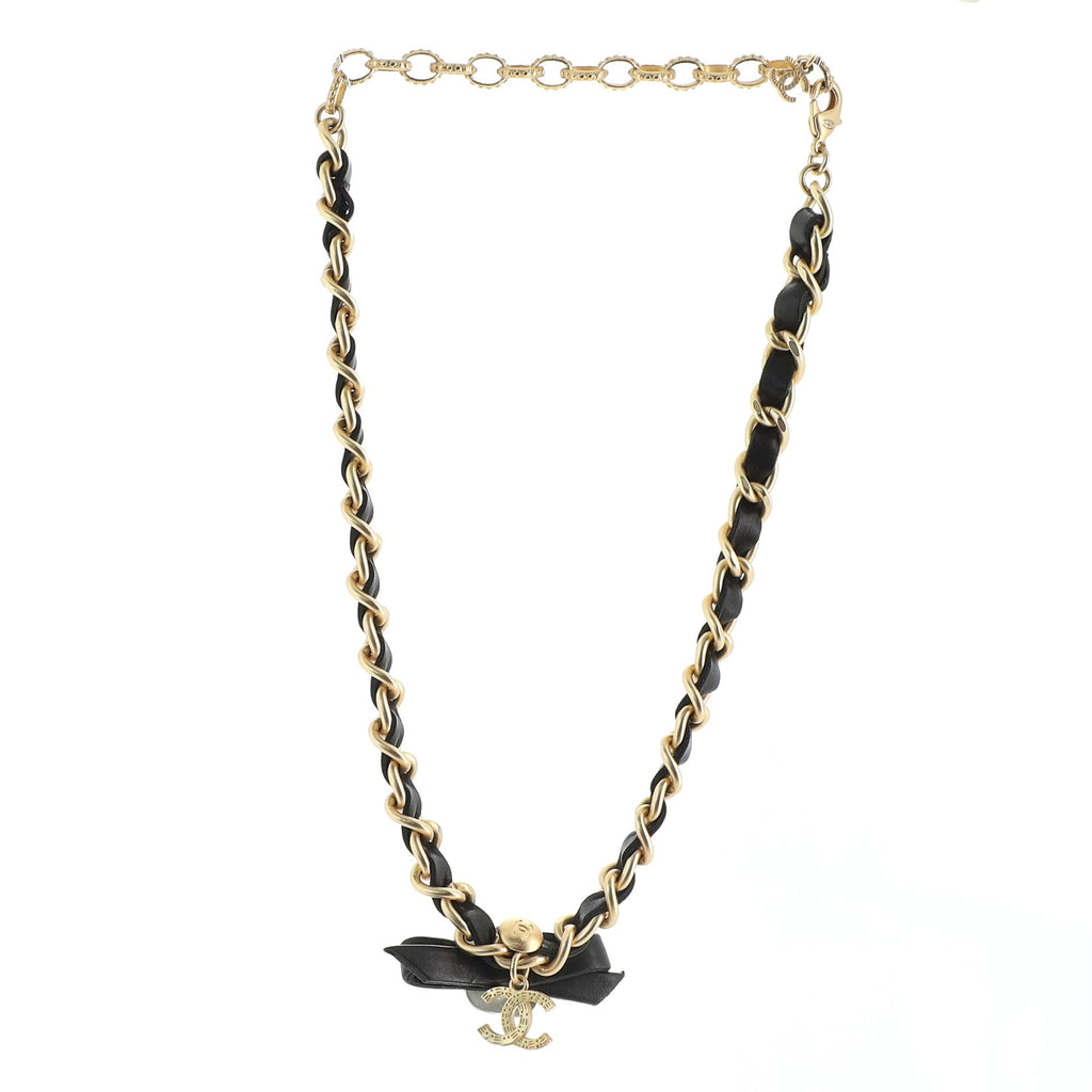 Camellia Bow Chain Choker Necklace Metal and Leather with Crystals