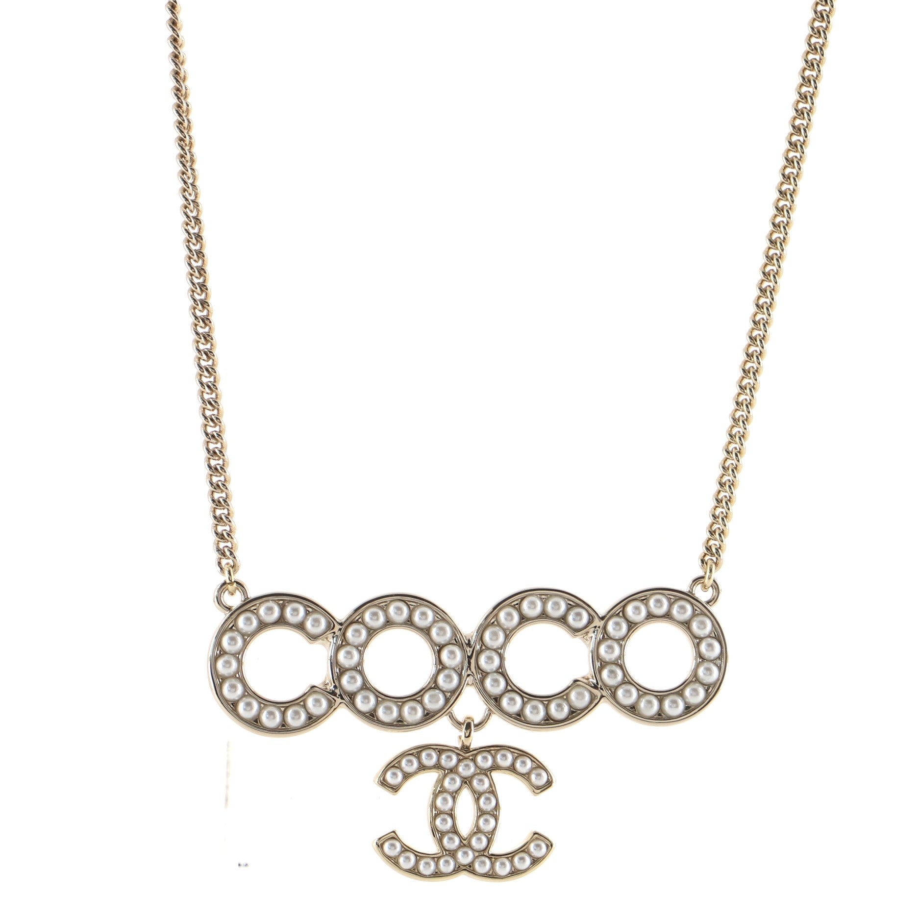 CC Coco Letter Pendant Necklace Metal with Faux Pearls