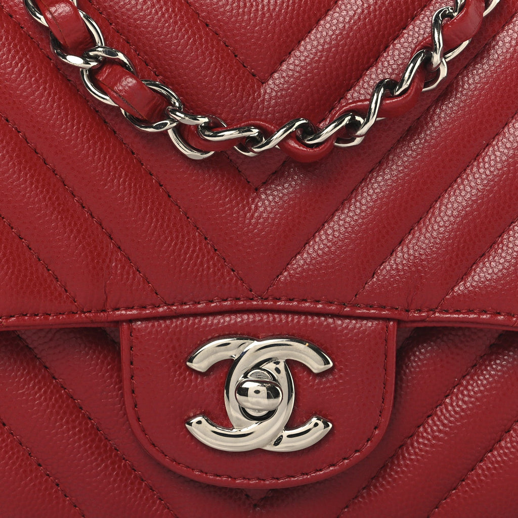 Caviar Chevron Quilted Mini Square Flap Red