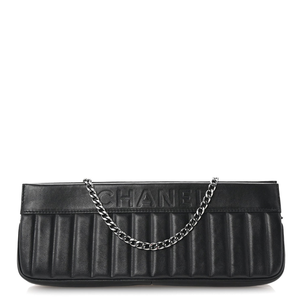 Calfskin Vertical Quilted Lax Clutch With Chain Black