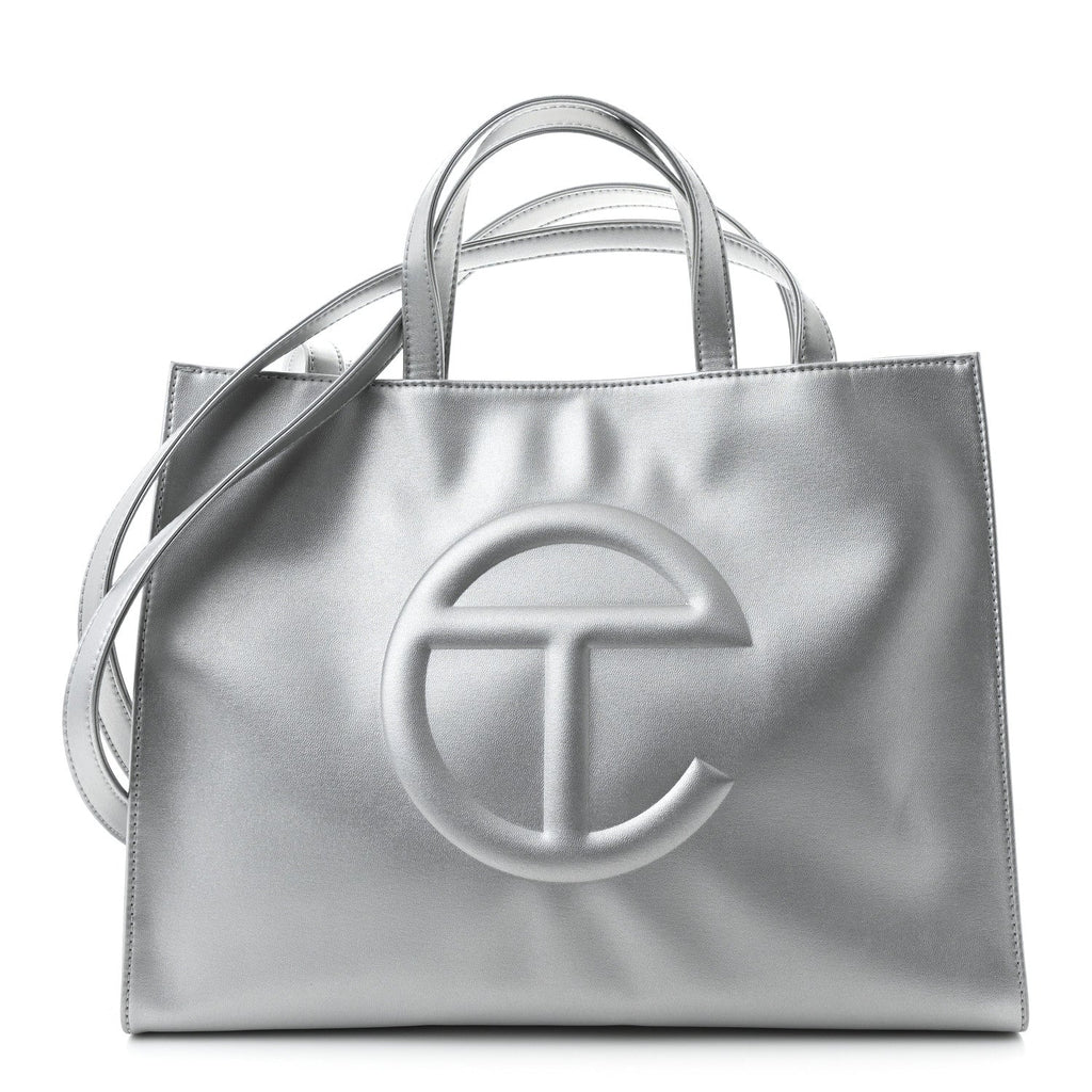 Metallic Vegan Leather Medium Shopping Bag Silver