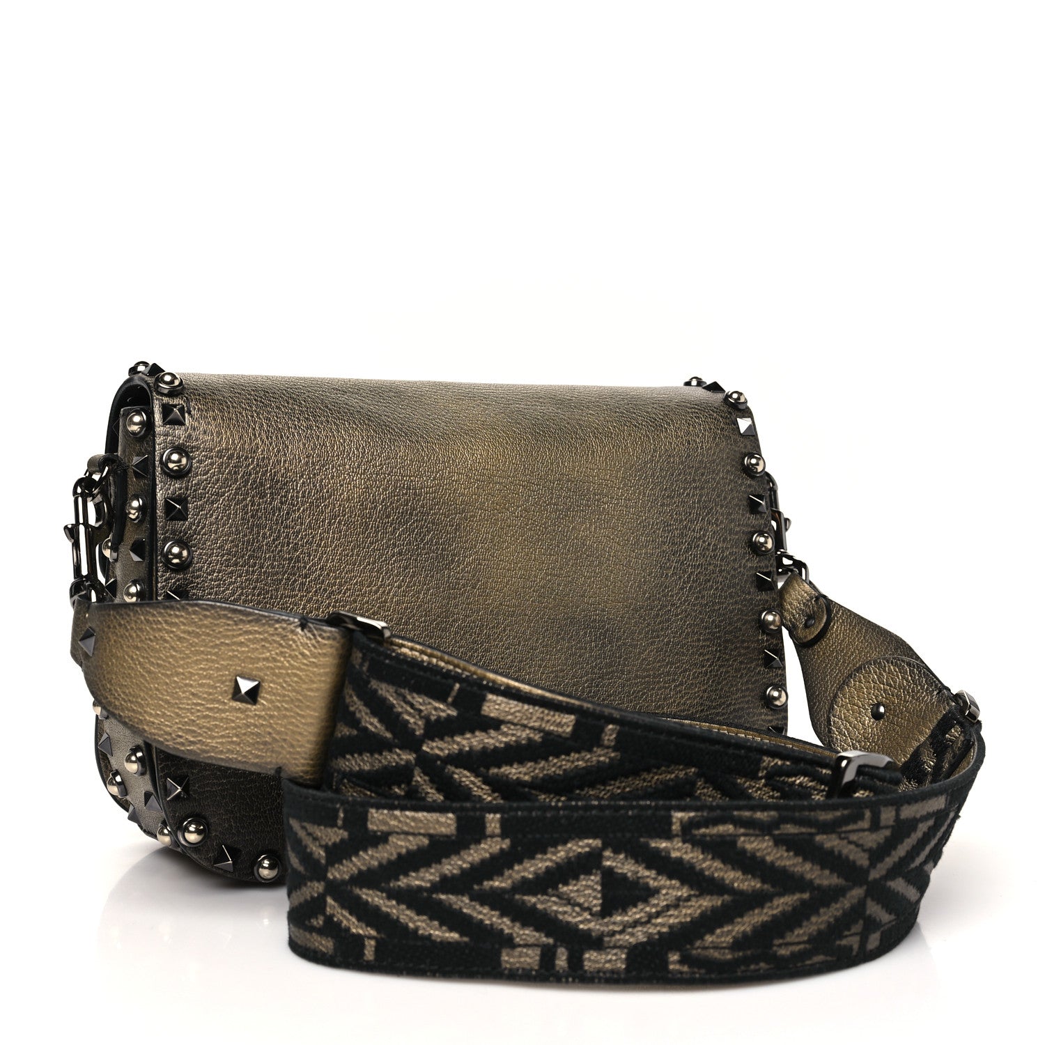 Metallic Grained Calfskin Onyx Medium Guitar Strap Rockstud Rolling Flap Saddle Bag Gold