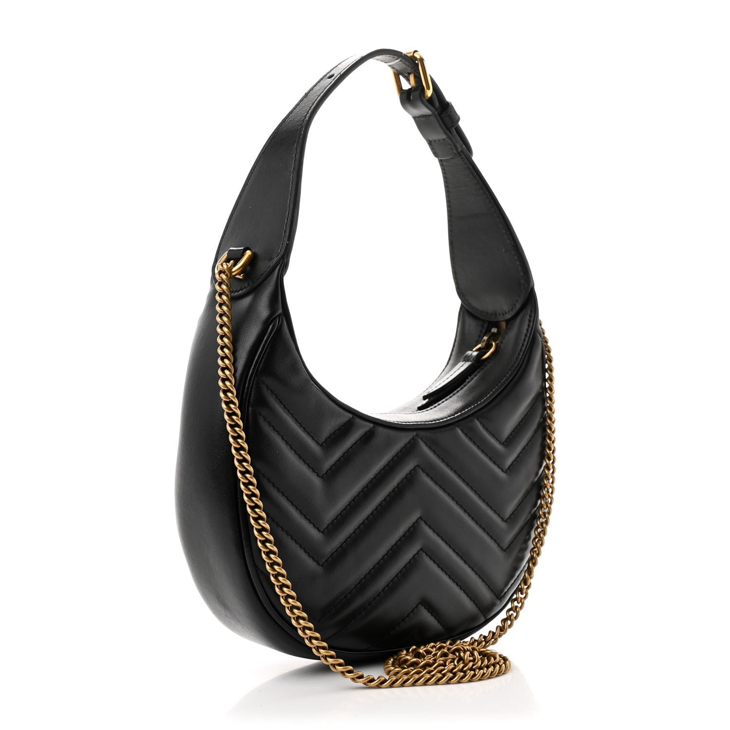 Calfskin Matelasse Chevron Mini GG Marmont Half Moon Hobo Black