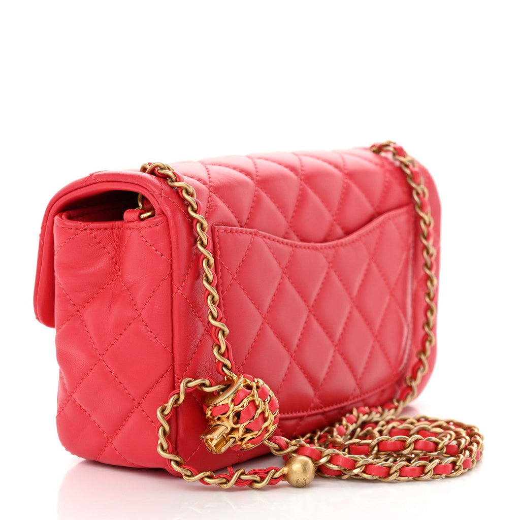 Lambskin Quilted Mini Rectangular Pearl Crush Flap Red
