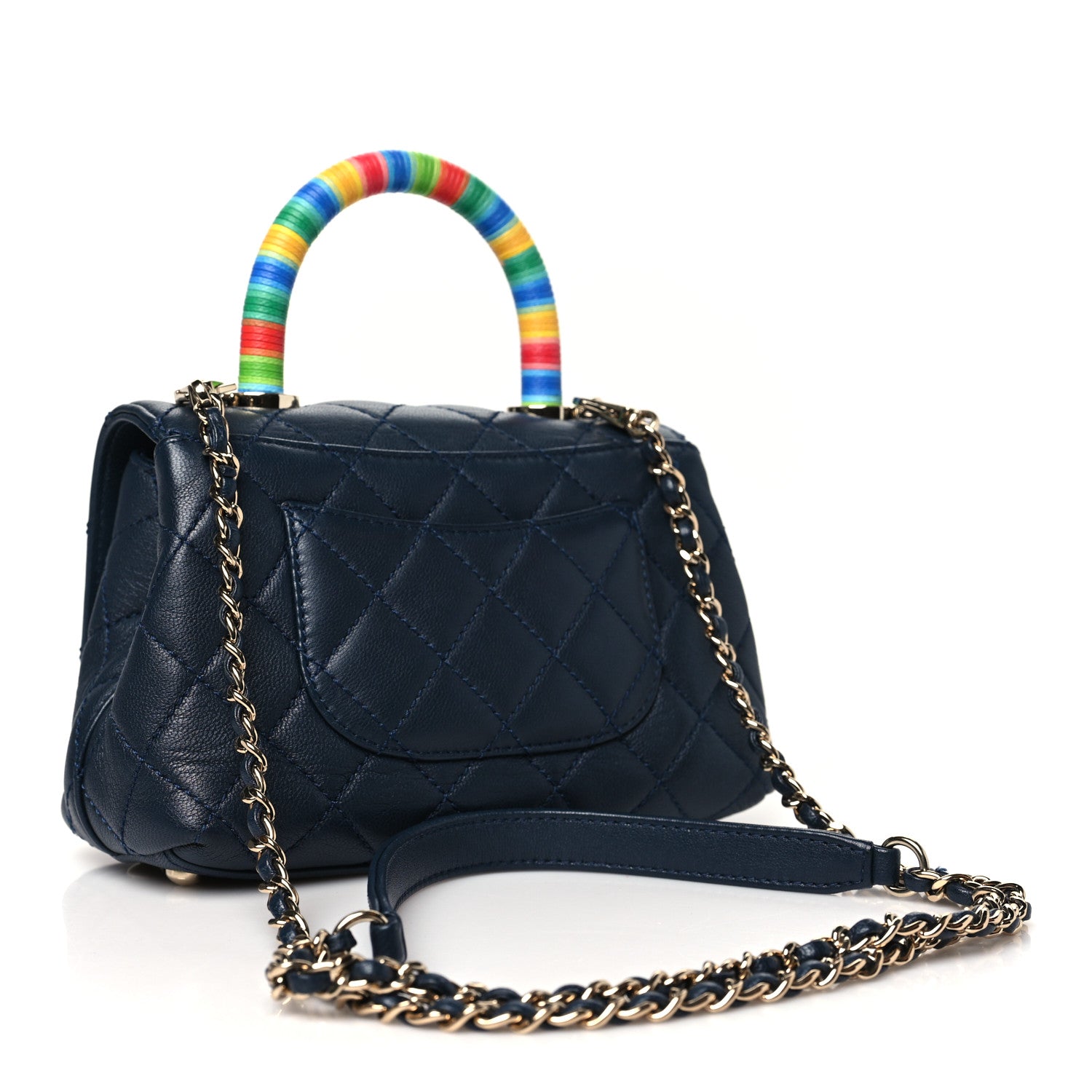 Goatskin Quilted Extra Mini Rainbow Coco Handle Flap Navy Blue