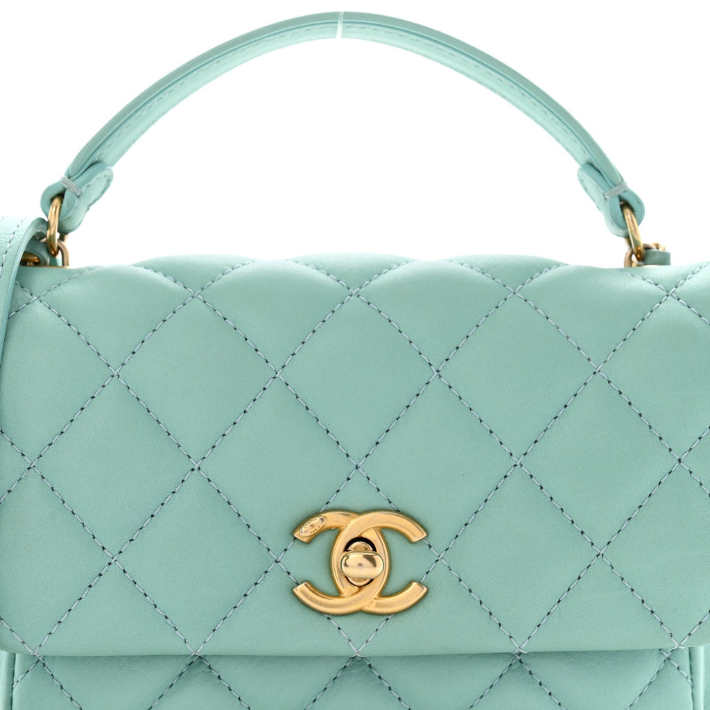 Calfskin Quilted Top Handle Flap Light Blue