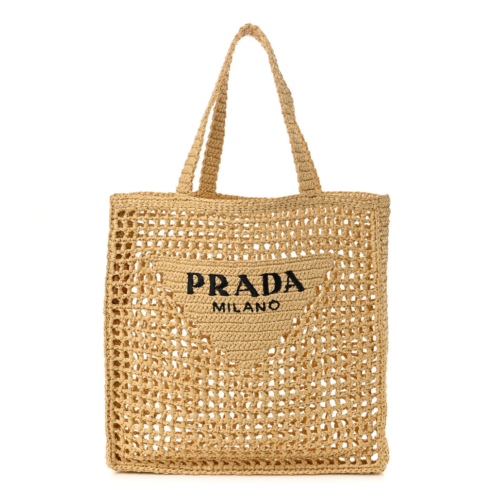 Yarn Raffia Effect Crochet Logo Embroidered Tote Bag Naturale