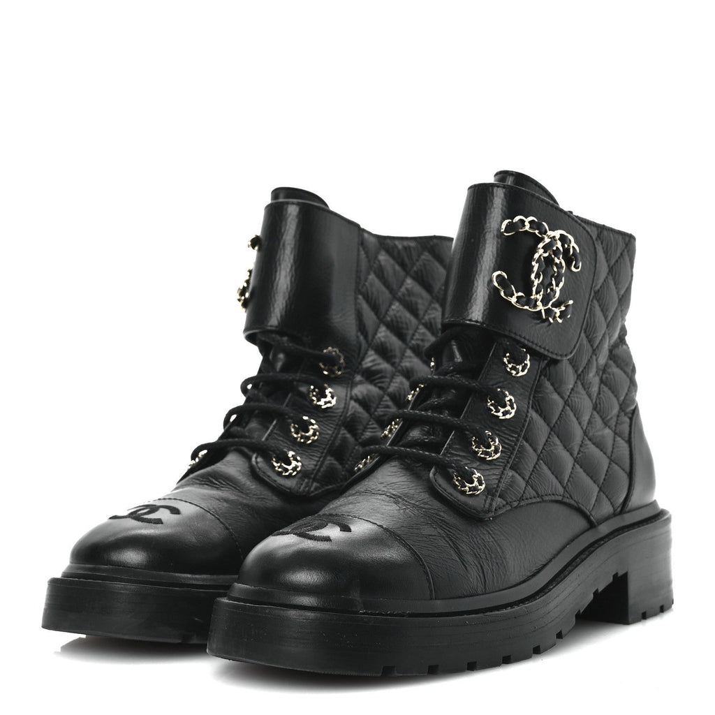 Shiny Goatskin Calfskin Quilted Lace Up Combat Boots 37 Black