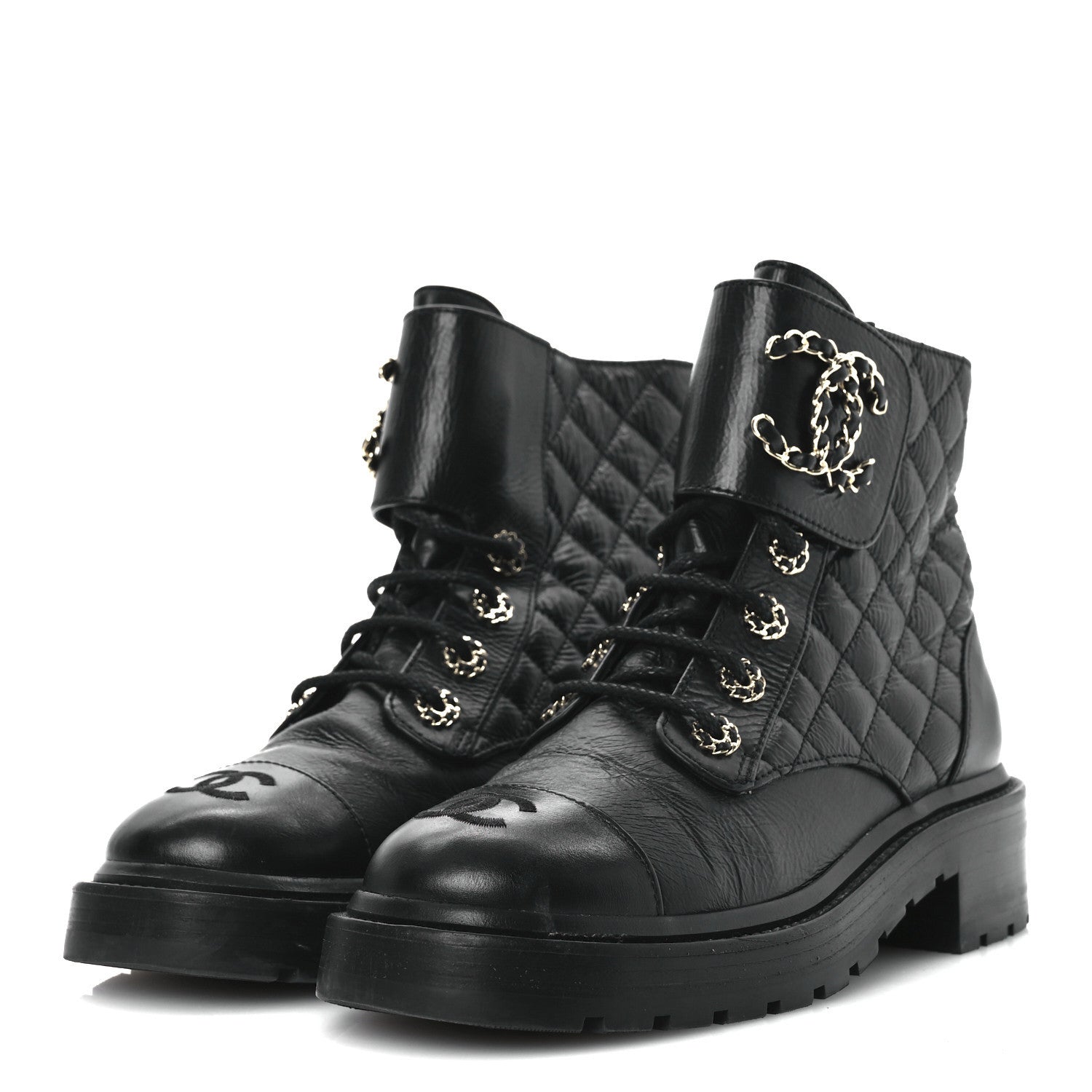 Shiny Goatskin Calfskin Quilted Lace Up Combat Boots 37 Black