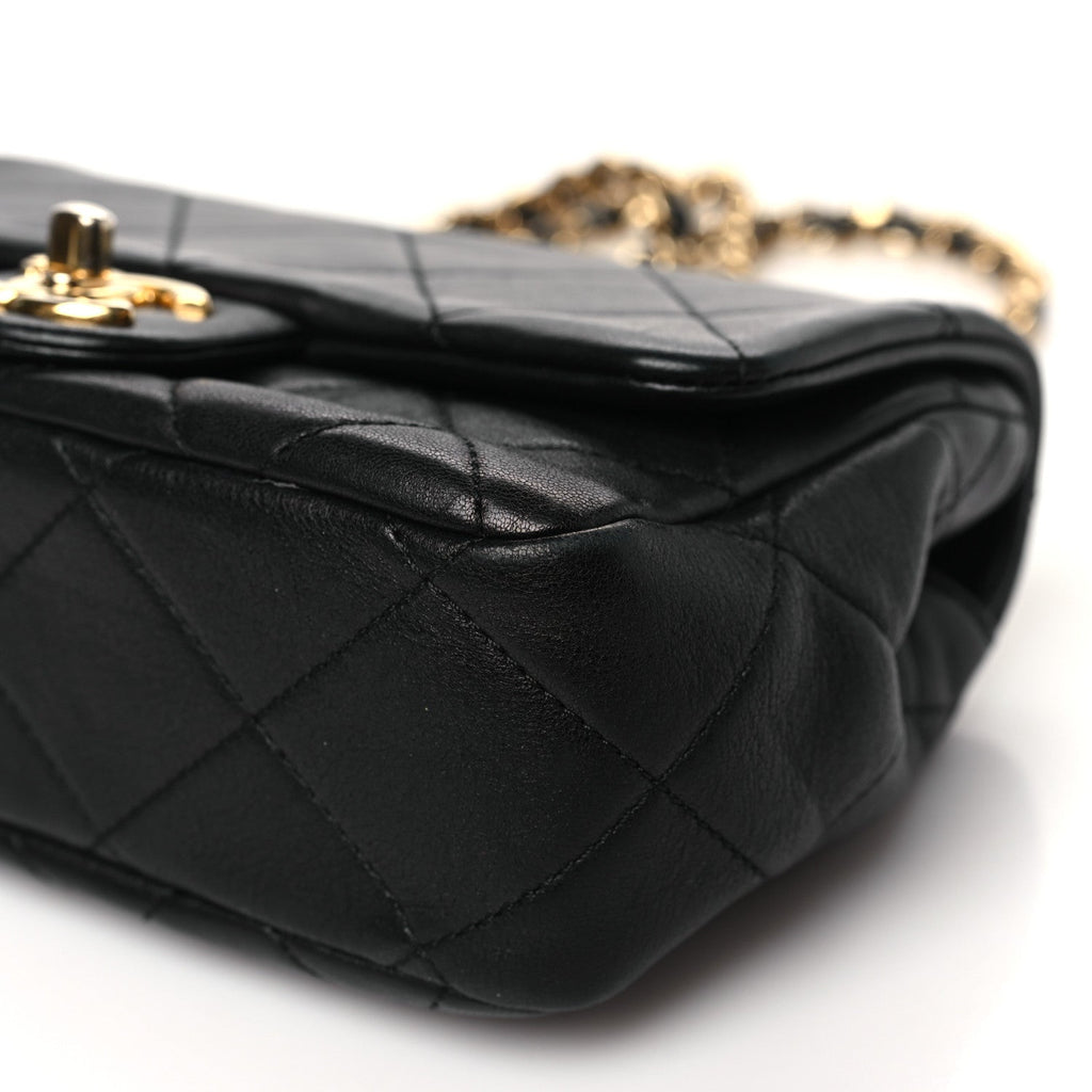 Lambskin Metal Quilted Mini Top Handle Square Flap Black