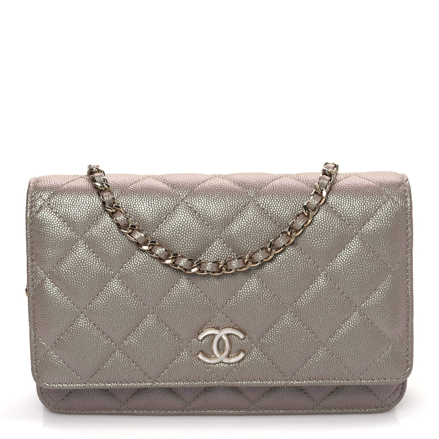 Iridescent Caviar Quilted Wallet on Chain WOC Beige