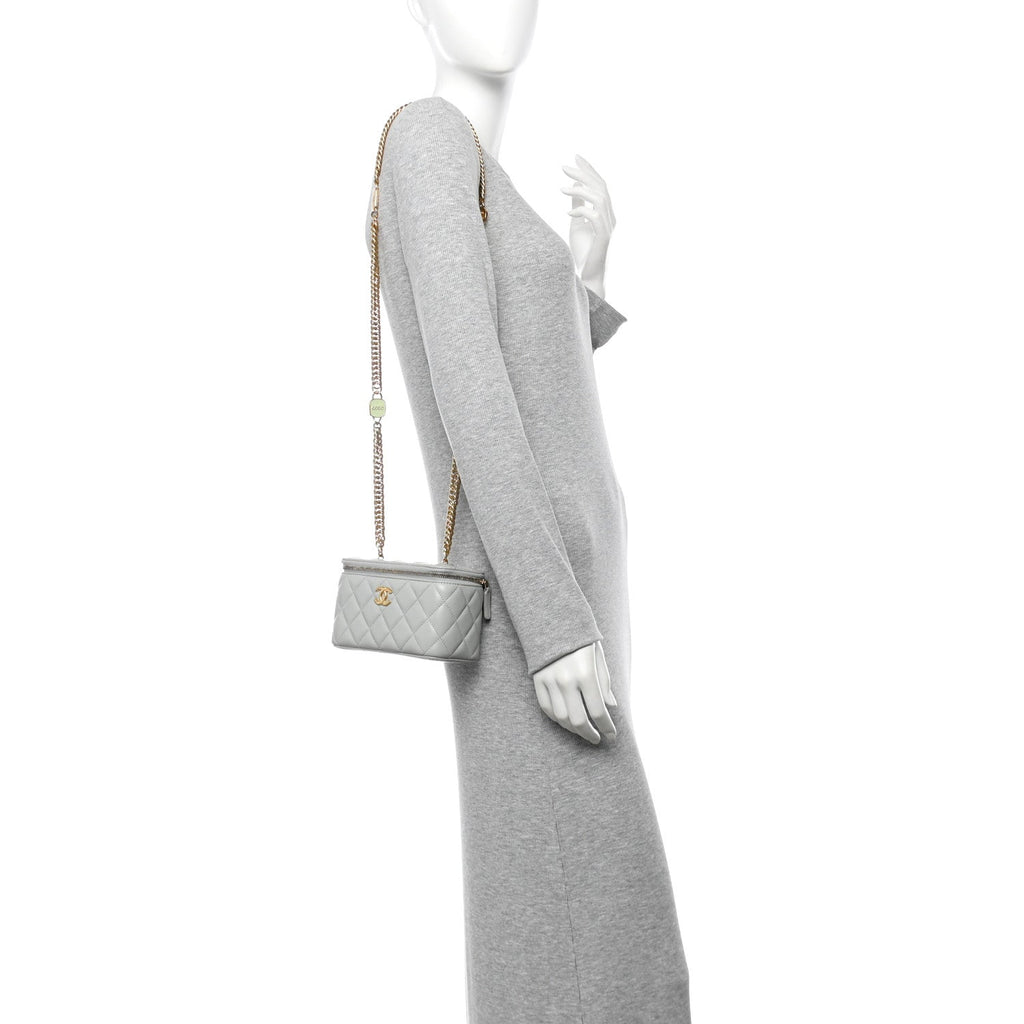 Lambskin Enamel Quilted Logo Small Vanity Case With Chain Light Grey