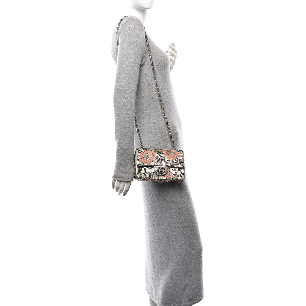 Satin Sequin Embellished Flower Mini Rectangular Flap Argent Multicolor