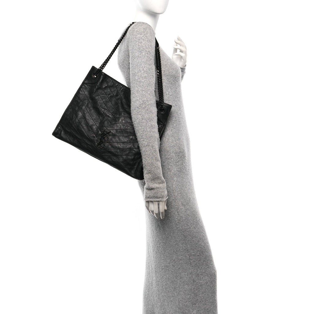 Crinkled Calfskin Matelasse Monogram Large Niki Shopper Tote Black