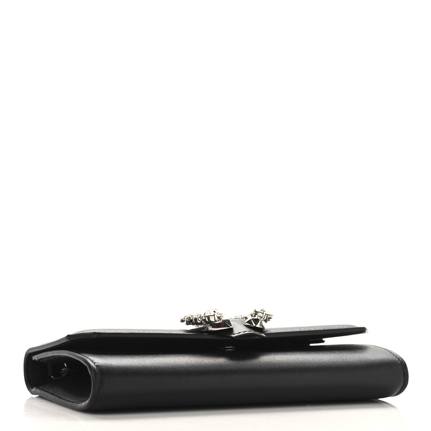 Smooth Calfskin Crystal Embellished Chain Wallet Black